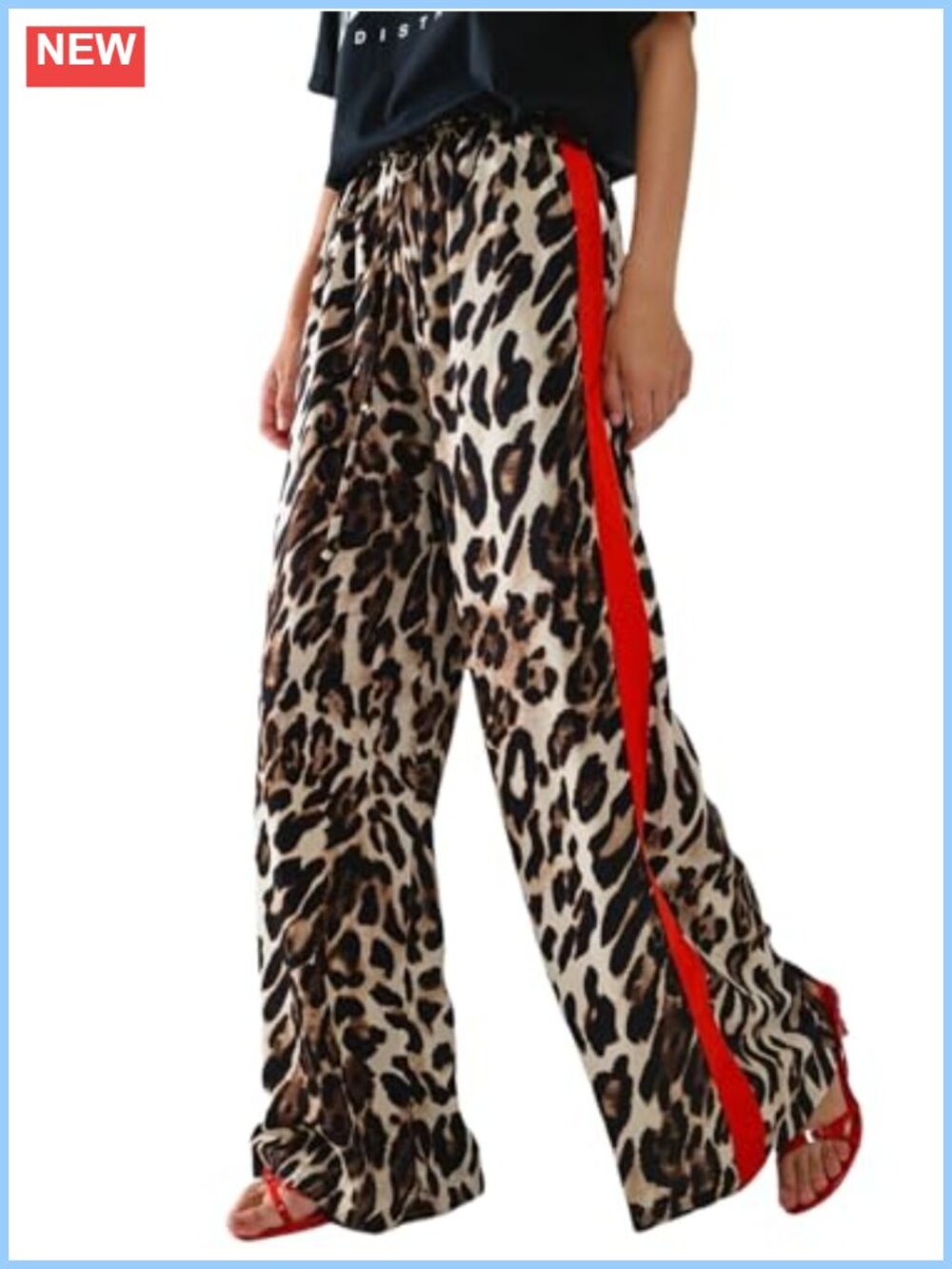 Leopard Print Wide Leg Pants Drawstring Casual Palazzo Pants Women's